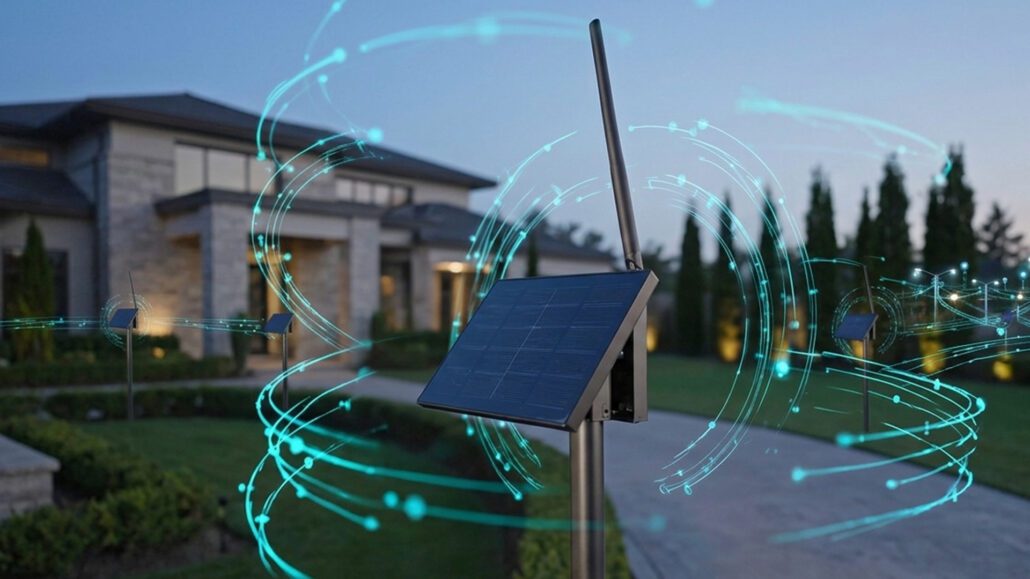 Indicate and display the product in action. private home setting where there is a sniffer, human detection device, indicating its connectivity. keeping the yard safe.